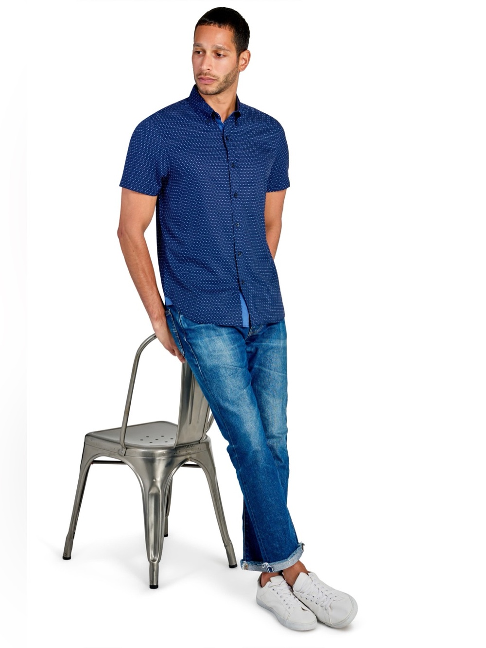 Construct- Men's Short-Sleeve Navy Microdot Shirt - Picture 2 of 9